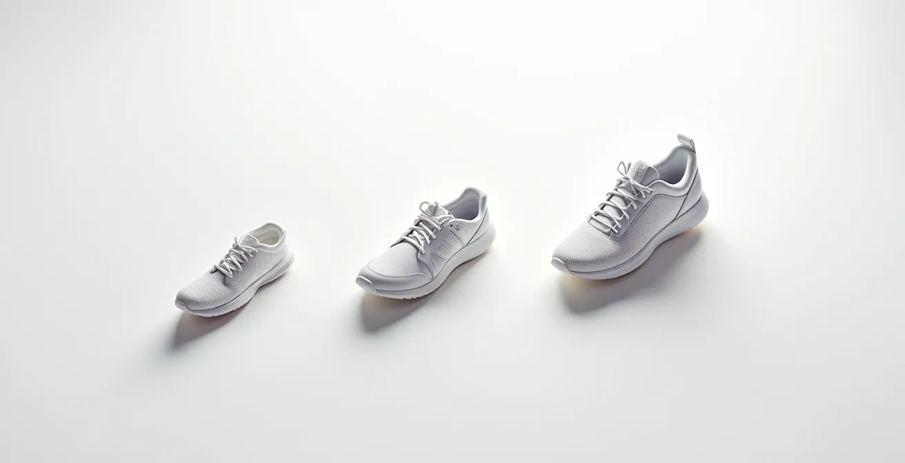 Composition minimaliste montrant l'échelle comparative d'impact entre différents types de baskets