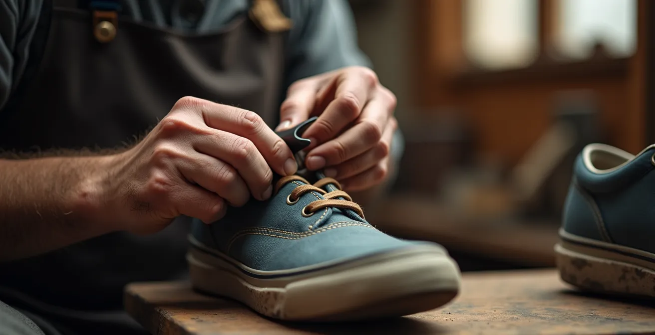 Mains d'artisan travaillant sur les finitions d'une basket avec précision et savoir-faire