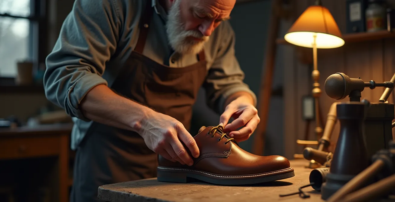 Mains expertes réparant une chaussure française avec outils traditionnels